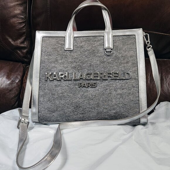 Karl Lagerfeld Handbags - Karl Lagerfeld Tote w/Crossbody Silver Felt Grey Metallic - NWOT